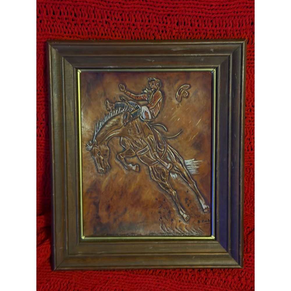 Vintage B Earle Signed 3D Embossed Leather Rodeo Cowboy Bronco Art Framed